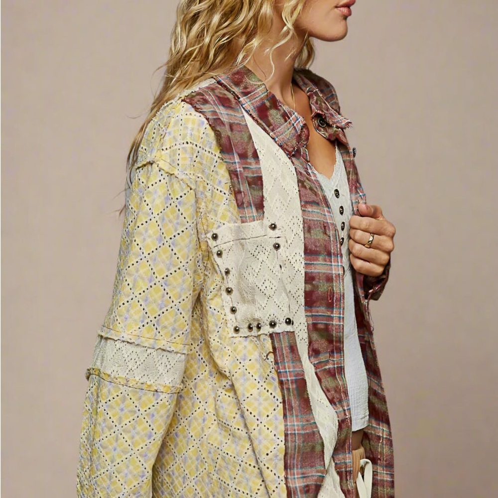 Pol Mixed Media Patchwork Button Down Shirt | Ove… - image 6